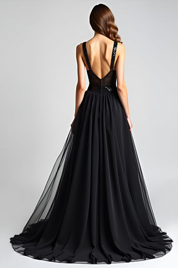 Sparkly Black A Line Long Formal Dress with Sequins